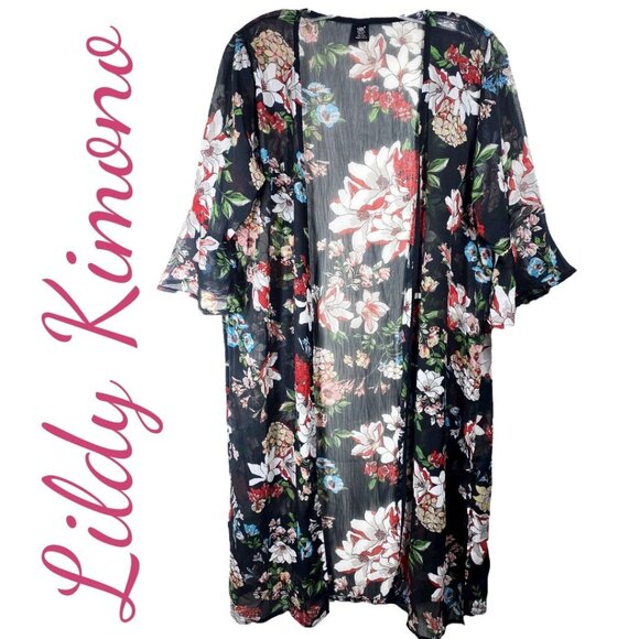LILDY DARK FLORAL OPEN TIE FRONT KIMONO DUSTER SEMI-SHEER FLUTTER SLEEVE, MEDIUM - Picture 2 of 9
